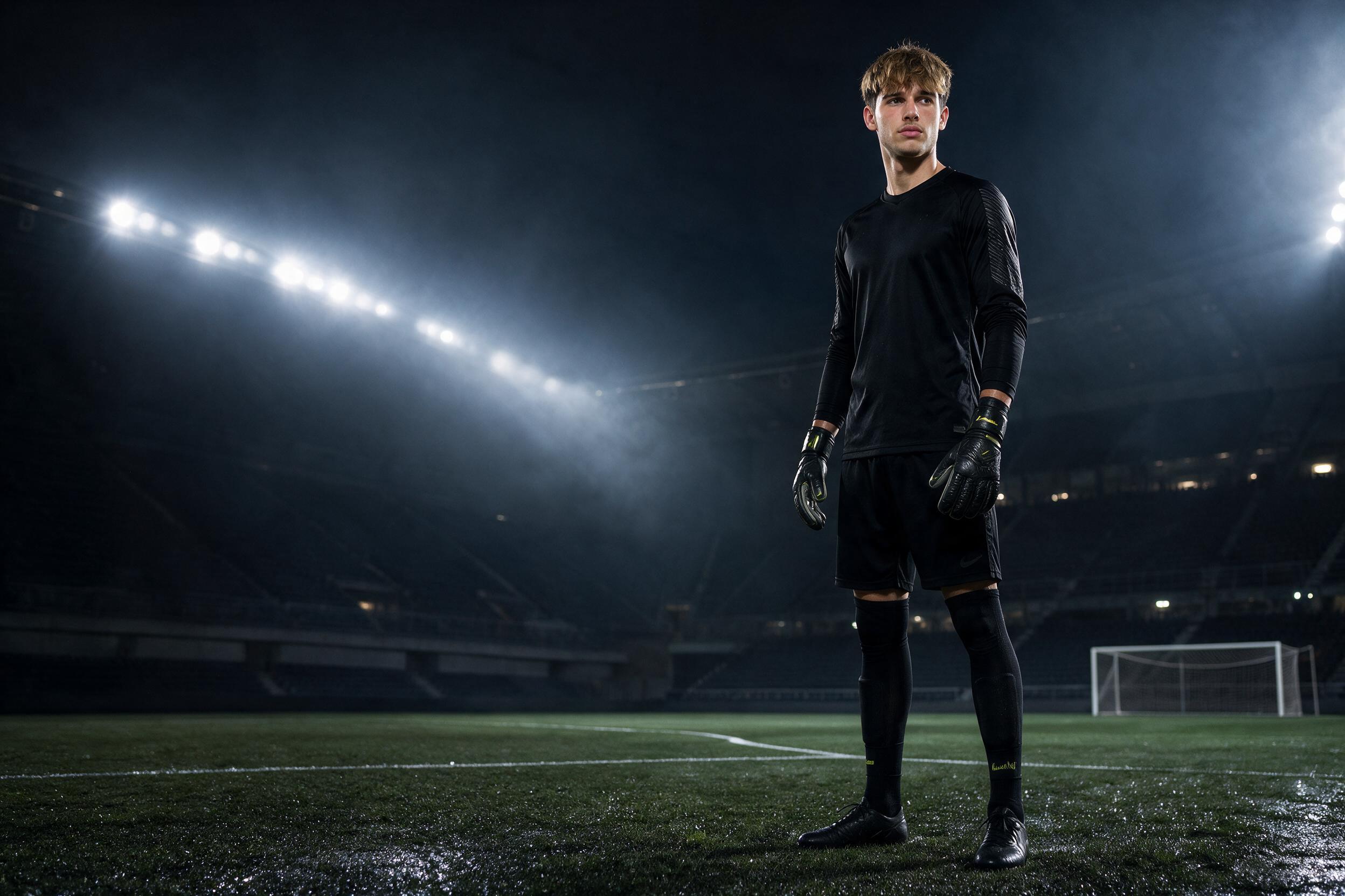 Andreas Constantinou standing focused on a floodlit football pitch at night